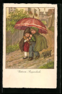 Künstler-AK Pauli Ebner: Kinderpaar Unterm Regenschirm  - Ebner, Pauli