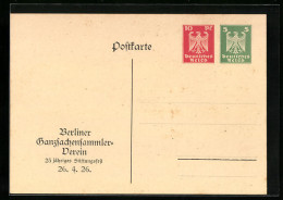 AK Berliner Ganzsachensammler-Verein, 25 Jähriges Stiftungsfest 26.04.1926, Ganzsache  - Postzegels (afbeeldingen)