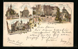 Vorläufer-Lithographie Hildesheim, Der Dom, Der 1000 Jährige Rosenstock, Knochenhaueramtshaus, Rathaus, 1893  - Hildesheim