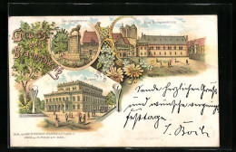 Lithographie Braunschweig, Löwendenkmal, Burg Bankwarderode Und Theater  - Theatre