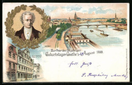 Lithographie Alt-Frankfurt, Goethehaus Und Porträt Goethes Zum 150 Jährigen Geburtstag  - Frankfurt A. Main