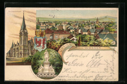 Lithographie Giessen, Die Johanneskirche, Totalansicht Und Liebig-Denkmal  - Giessen