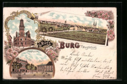 Lithographie Burg B. Magdeburg, Teilansicht, Post, Paradeplatz  - Magdeburg