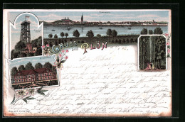 Lithographie Plön, Aussichtsturm, Prinzenschloss, Totalansicht Und Schlossgarten-Allee  - Ploen