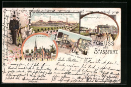 Lithographie Stassfurt, Königl. Salzbergwerk, Schacht Achenbach, St. Petrikirche, Bodebrücke Und Steinstrasse  - Stassfurt