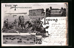 Lithographie Loburg, Bahnhofs-Restaurant Truppenübungsplatz, Kommandanturgebäude, Totalansicht Des Barackenlagers  - Other & Unclassified