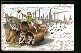 Lithographie Bitterfeld, Kinder In Röhren Vor Der Fabrik  - Bitterfeld