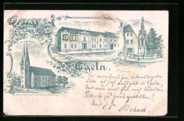 Lithographie Egeln, Hotel Zur Grünen Tanne, St. Spiritus-Kirche, Krieger-Denkmal  - Other & Unclassified