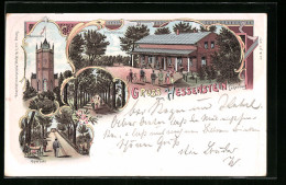 Lithographie Lütjenburg, Gasthaus Hessenstein, Kegelbahn, Allee  - Luetjenburg