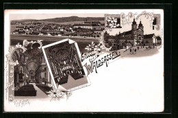 Lithographie Waldsassen, Ortsansicht, Blick Zur Kirche Mit Pfarrhaus, Hochaltar In Der Kirche, Eingangsbereich  - Waldsassen