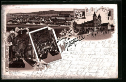 Lithographie Waldsassen, Ortsansicht, Blick Zur Kirche Mit Pfarrhaus, Hochaltar In Der Kirche, Eingangsbereich  - Waldsassen