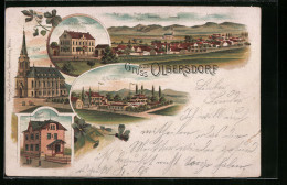 Lithographie Olbersdorf, Schule In Nieder Olbersdorf, Kirche, Kaiserl. Postamt, Totalansicht, Restaurant Kaltenstein  - Sonstige & Ohne Zuordnung