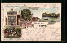 Lithographie Preetz I. H., Gasthaus Driller`s Garten, Warenhaus Rudolph Karstadt, Weinberg  - Preetz