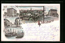 Lithographie Elmshorn, Hotel Holstein-Hof, Hafen, Schulstrasse  - Elmshorn