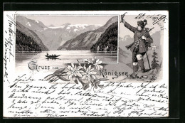 Vorläufer-Lithographie Königsee, 1895, Panoramablick Vom Malerwinkel, Jäger Mit Pfeife  - Otros & Sin Clasificación