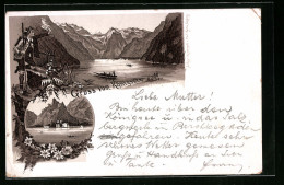 Vorläufer-Lithographie Königssee, 1894, Kirche Am See Mit Bergmassiv, Grüssender Wanderer  - Other & Unclassified