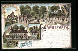 Lithographie Gänsefurth, Restaurant Gänsefurther Busch, Forsthaus, Schloss  - Jagd