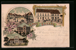 Lithographie Brehna, Bundes-Hotel Für Radfahrer, Schützenhaus, Schule  - Autres & Non Classés