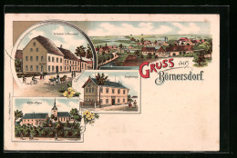 Lithographie Börnersdorf, Gasthof Zu Börnersdorf, Dampfmolkerei, Kirche Und Pfarre, Panorama  - Autres & Non Classés