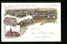 Lithographie Stollberg I. Erzgeb., Realschule Und Progymnasium, Rathaus Und Schloss Hoheneck  - Stollberg (Erzgeb.)