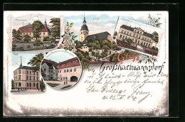 Lithographie Grosshartmannsdorf, Pfarrhaus Und Kirche, Post, Innere Westseite Des Rittergutes Und Schule  - Autres & Non Classés