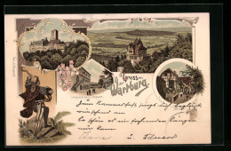 Lithographie Eisenach, Blick Auf Wartburg, Hofraum, Landgrafenhaus, Barde  - Andere & Zonder Classificatie