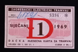 #21   1969    ZAGREB CROATIA YUGOSLAVIA MONTHLY TRAM TRAMWAY TICKET - Europa