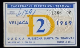 #21   1969    ZAGREB CROATIA YUGOSLAVIA MONTHLY TRAM TRAMWAY TICKET - Europe