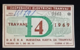 #21   1969    ZAGREB CROATIA YUGOSLAVIA MONTHLY TRAM TRAMWAY TICKET - Europa