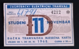 #21   1969    ZAGREB CROATIA YUGOSLAVIA MONTHLY TRAM TRAMWAY TICKET - Europe