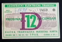 #21   1969    ZAGREB CROATIA YUGOSLAVIA MONTHLY TRAM TRAMWAY TICKET - Europe