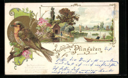 Lithographie Uferpartie Mit Vögelchen Zu Pfingsten  - Pentecostés