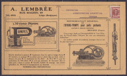 Carte Pub "Machines, Pompes A.Lembrée" Affr. PREO Houyoux 3c [LIEGE /1924/ LUIK] Pour MANAGE - Tipo 1922-31 (Houyoux)