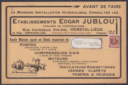 Carte Pub "Machines Hydrauliques Edgar Jublou" Affr. PREO Houyoux 3c [LIEGE /1924/ LUIK] Pour MANAGE - Typos 1922-31 (Houyoux)