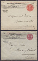 Argentine - Lot De 2 EP Envel. 5 Cts (types Différents) "Drogueria Alemana De Beretervide & Cia" Flam. BUENOS AIRES 1908 - Storia Postale