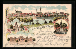 Lithographie Ingolstadt, Pionierkaserne Tilli, Kreuztor, Kriegerdenkmal  - Ingolstadt
