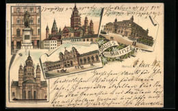 Lithographie Mainz, Guttenbergdenkmal, Central-Bahnhof, Dom, Westseite  - Mainz