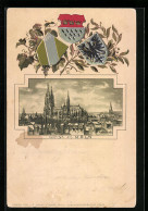 Passepartout-Lithographie Köln, Teilansicht Mit Dom, Geprägte Wappen  - Andere & Zonder Classificatie