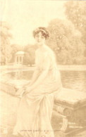 PAINTING, FINE ARTS, E. MEYER, MEDITATION, WOMAN, FOUNTAIN, ARCHITECTURE, POSTCARD - Paintings