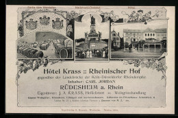 AK Rüdesheim /Rh., Hotel Krass / Rheinischer Hof C. Jordan Mit Weinkeller, Niederwald-Denkmal, Wappen  - Ruedesheim A. Rh.