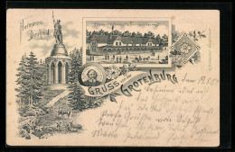 Lithographie Detmold, Gasthof Zum Hermannsdenkmal Mit Strasse, Denkmal Mit Hirschen, Portrait E. Von Bandel  - Detmold