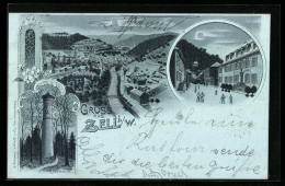 Mondschein-Lithographie Zell I. W., Gesamtansicht Aus Der Vogelschau, Mohrthurm, Strassenpartie  - Other & Unclassified