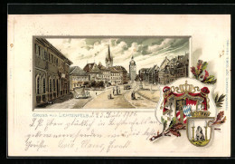 Passepartout-Lithographie Lichtenfels, Strassenpartie Mit Turm Und Denkmal, Wappen  - Autres & Non Classés