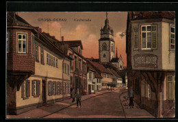 Künstler-AK Gross-Gerau, Hotel Adler In Der Kirchstrasse, Blick Zur Kirche  - Gross-Gerau