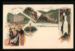 Lithographie Triberg I. Bad. Schwarzwald, Hotel Engel, Gesamtansicht, Wasserfall  - Triberg