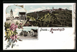 Lithographie Rosenfeld, Rathaus Mit Apotheke Und Marktbrunnen, Kirche Und Forsthaus  - Jagd