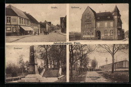 AK Jakobshagen, Strassenpartie, Rathaus, Denkmal, Arbeitsdienstlager  - Pommern