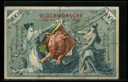 Künstler-AK Schwein Springt Durch Einen 100 Mark Geldschein, Neujahrsgruss  - Monedas (representaciones)