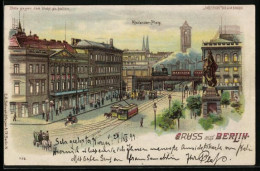 Lithographie Berlin, Alexanderplatz, Strassenbahn, Eisenbahn Bei Nacht, Halt Gegen Das Licht  - Sonstige & Ohne Zuordnung