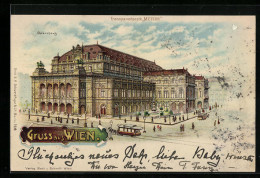 Lithographie Wien, Pferdebahn Vorm Opernhaus, Bei Nacht, Halt Gegen Das Licht  - Andere & Zonder Classificatie